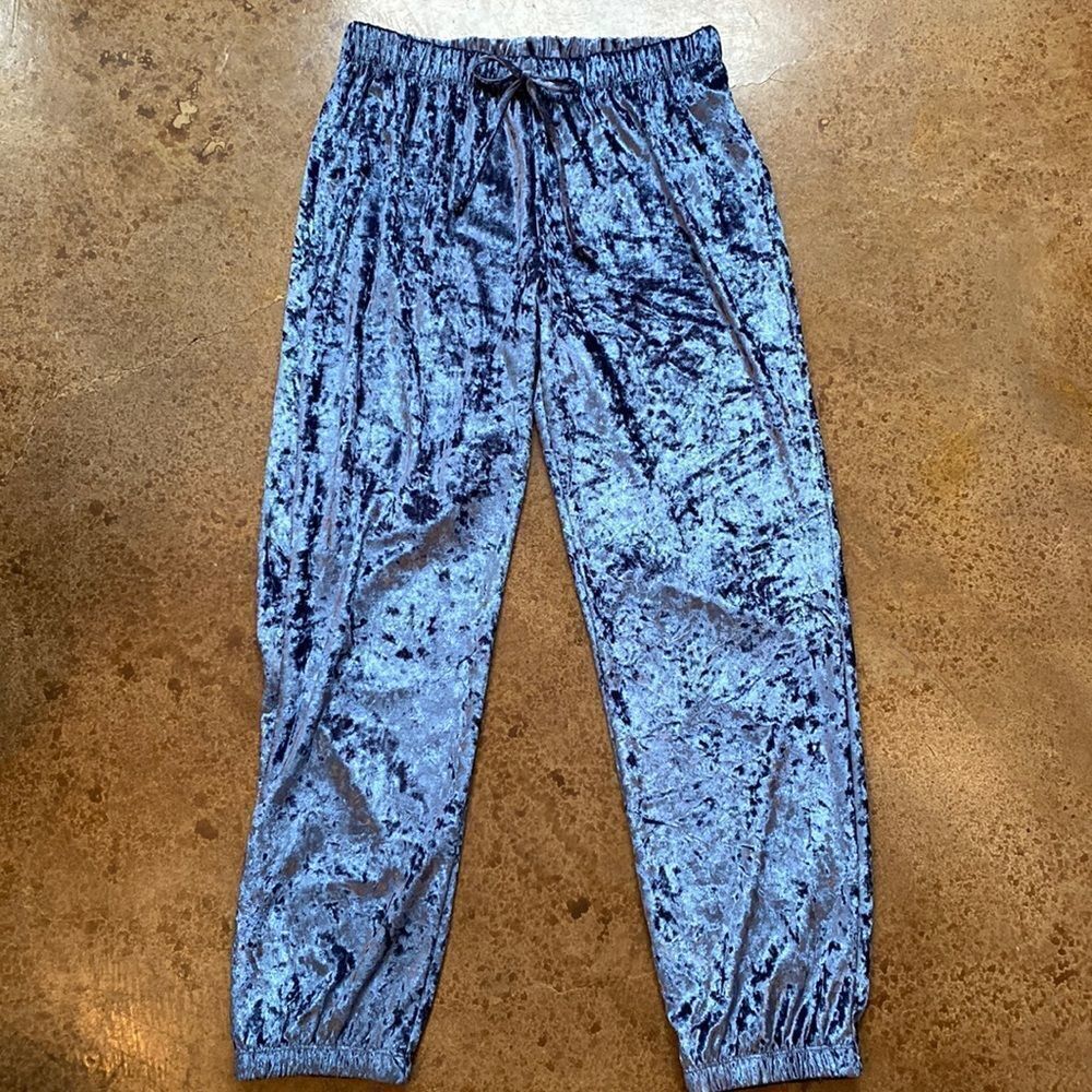 Snap slate blue Super Soft crushed‎ velvet velour drawstring waist JOGGER pants